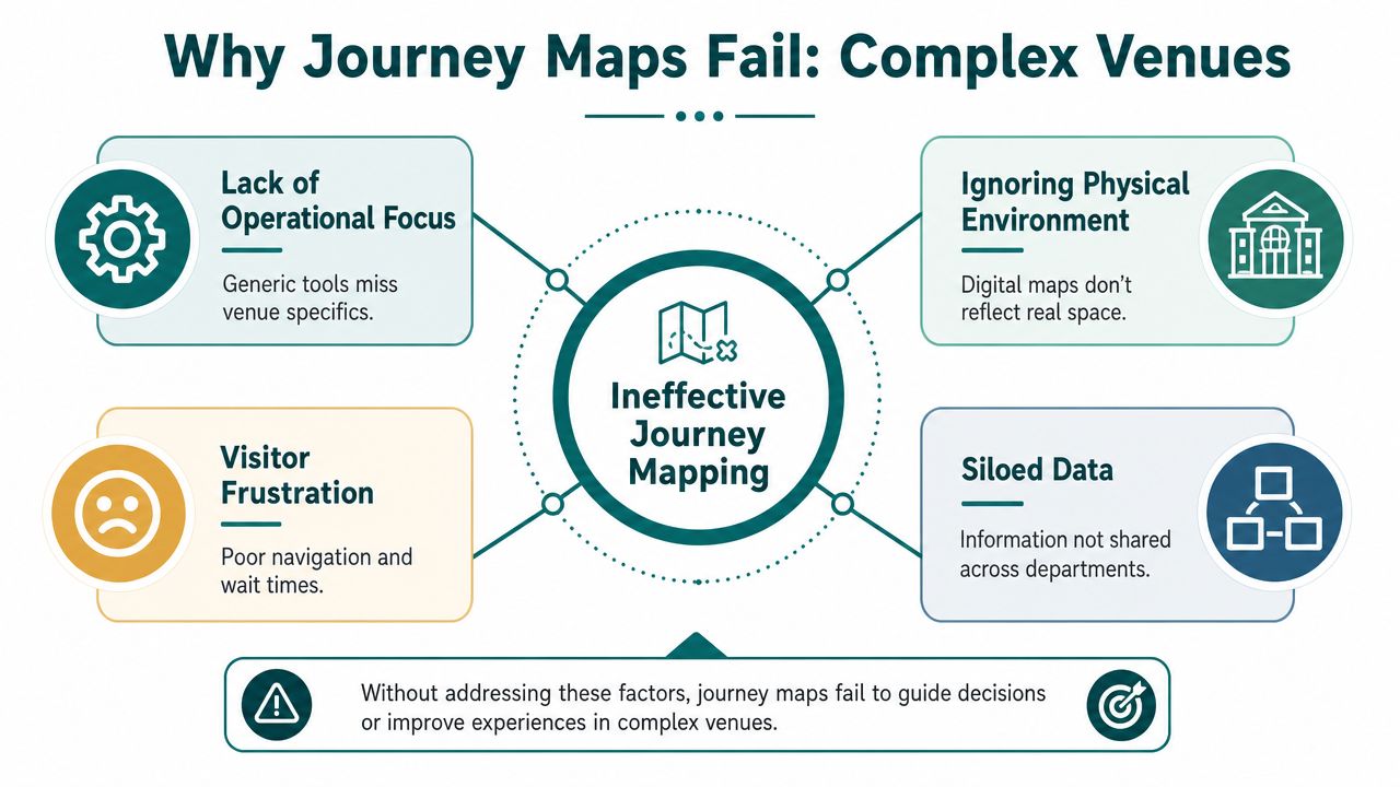 An infographic illustrating four main reasons why customer journey maps fail in complex physical venues.