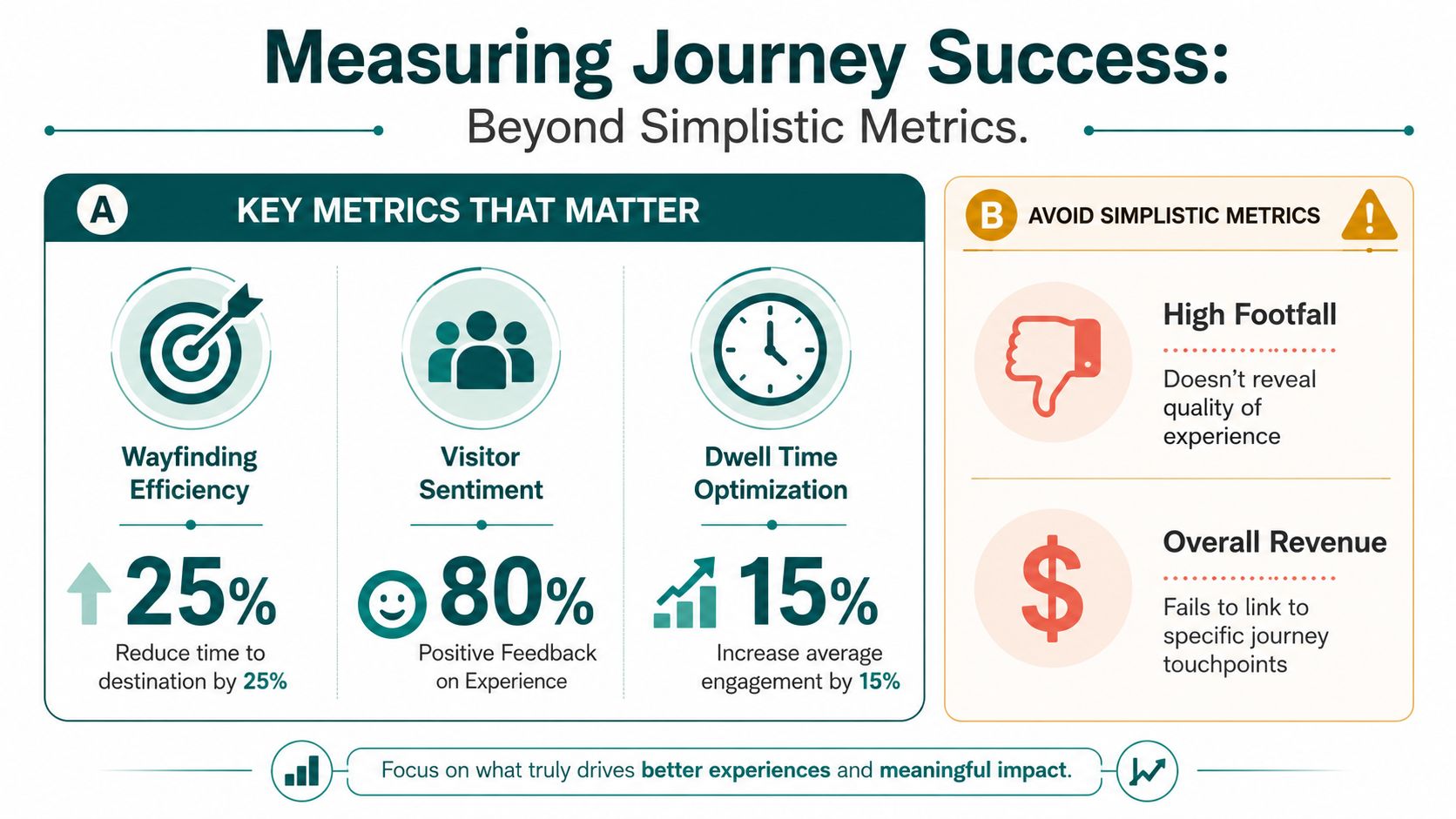 An infographic titled Measuring Journey Success showing key metrics like wayfinding efficiency, visitor sentiment, and dwell time optimization.