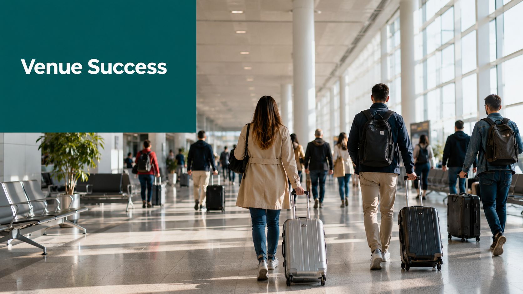A diverse group of travelers walking through a bright airport terminal with their rolling suitcases and backpacks.