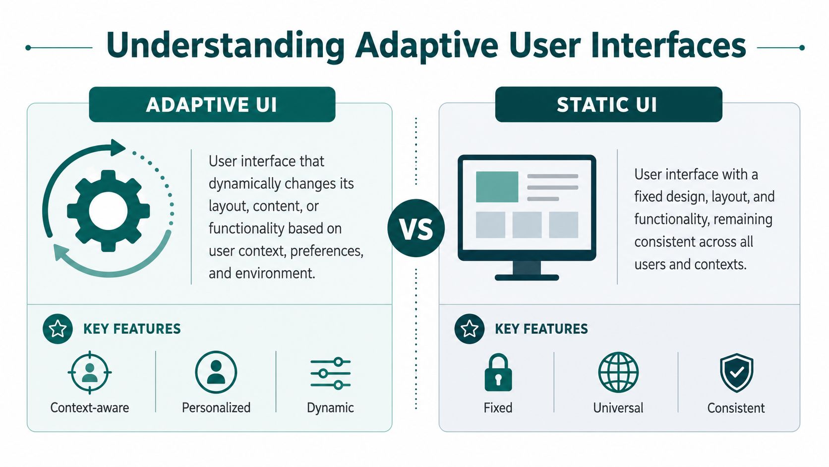 A comparison chart explaining the differences between adaptive and static user interface design concepts.