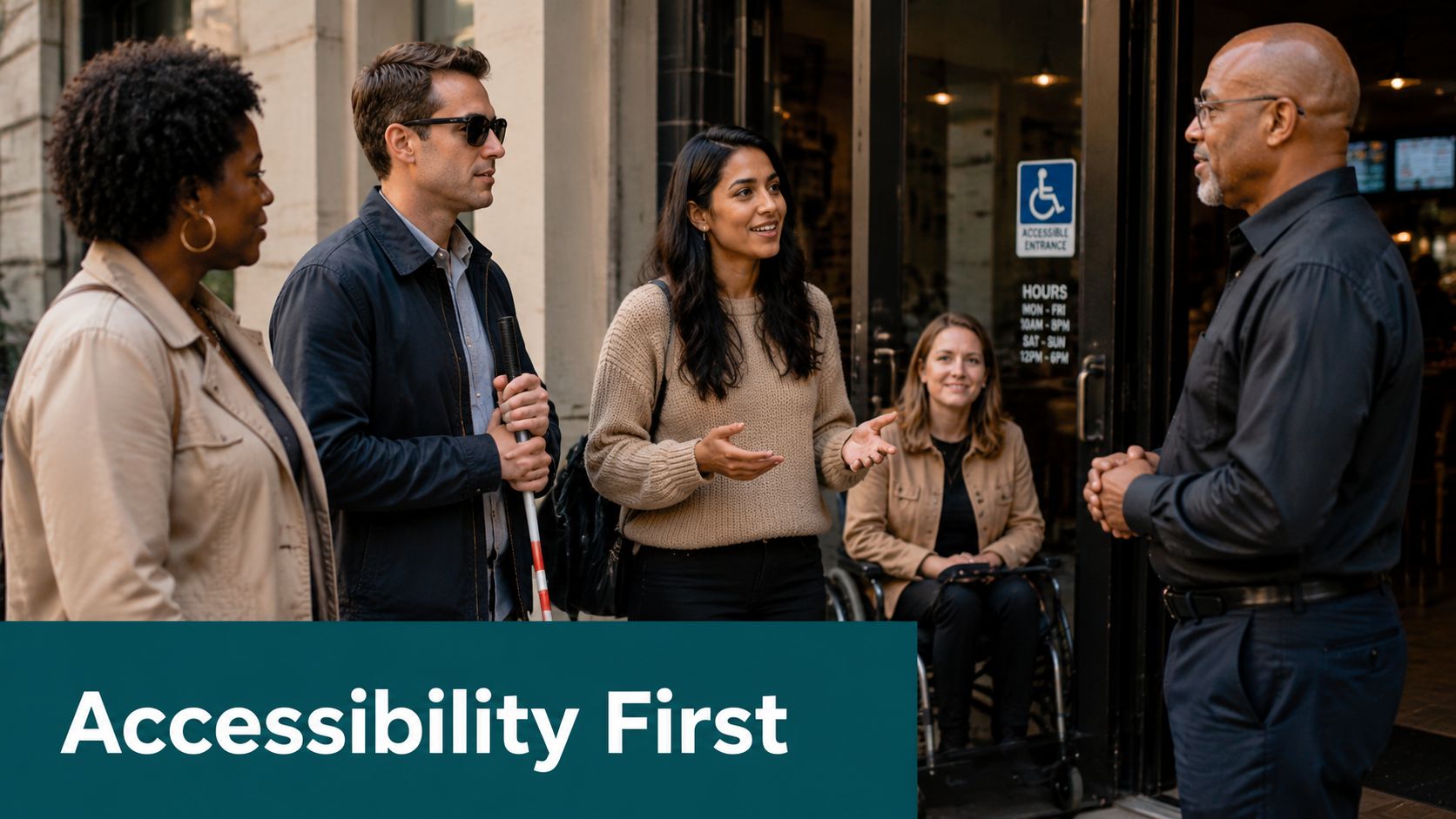 A diverse group of people communicating near an accessible entrance with a wheelchair user present.