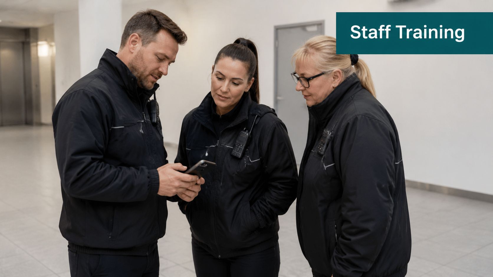 Three security personnel wearing black uniforms look at a mobile phone screen together in an office lobby.