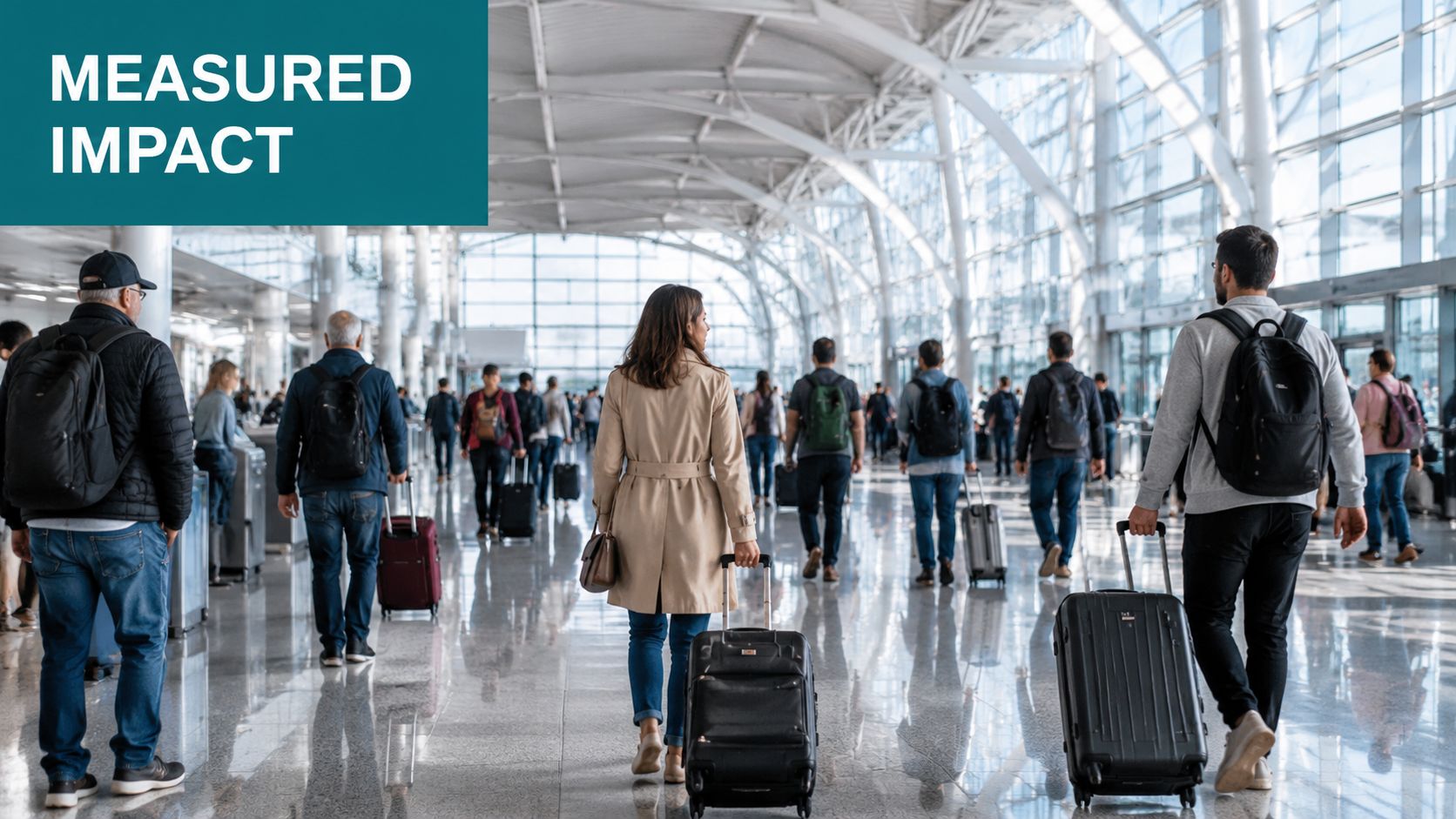 A diverse crowd of travelers carrying backpacks and rolling suitcases walking through a modern, brightly lit airport terminal.
