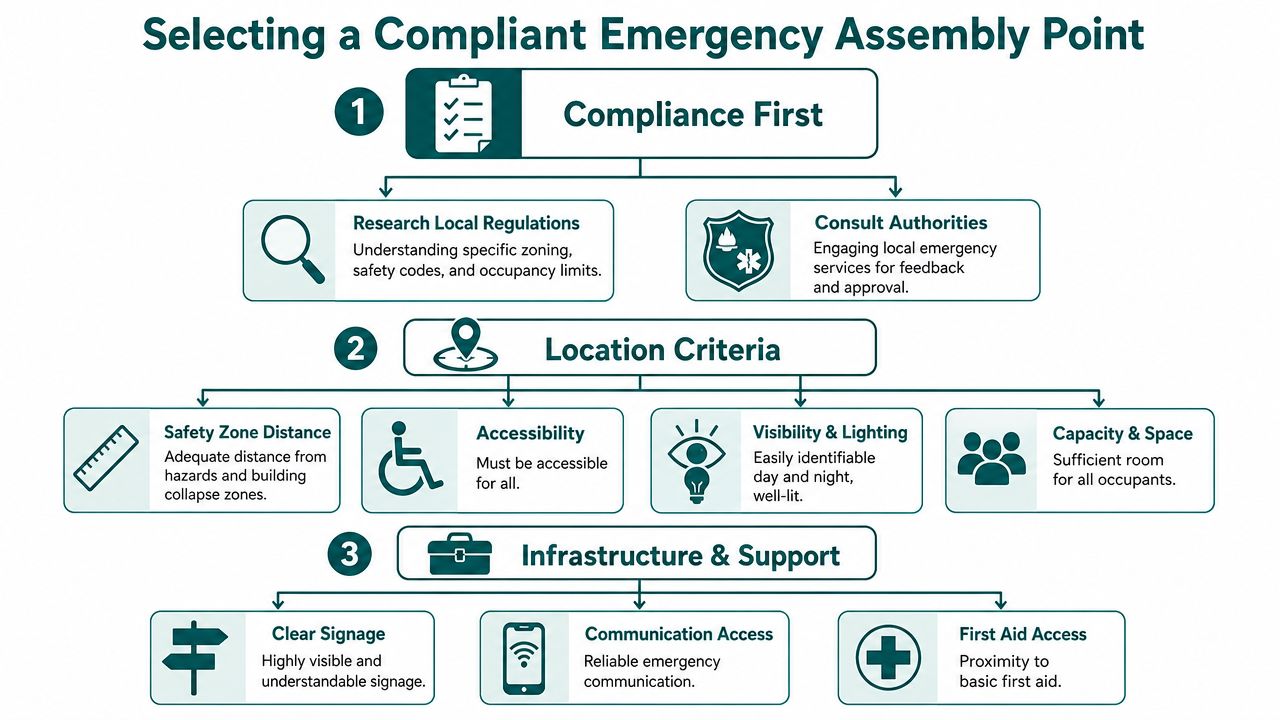 An infographic showing a three-step guide to selecting a compliant emergency assembly point for businesses.