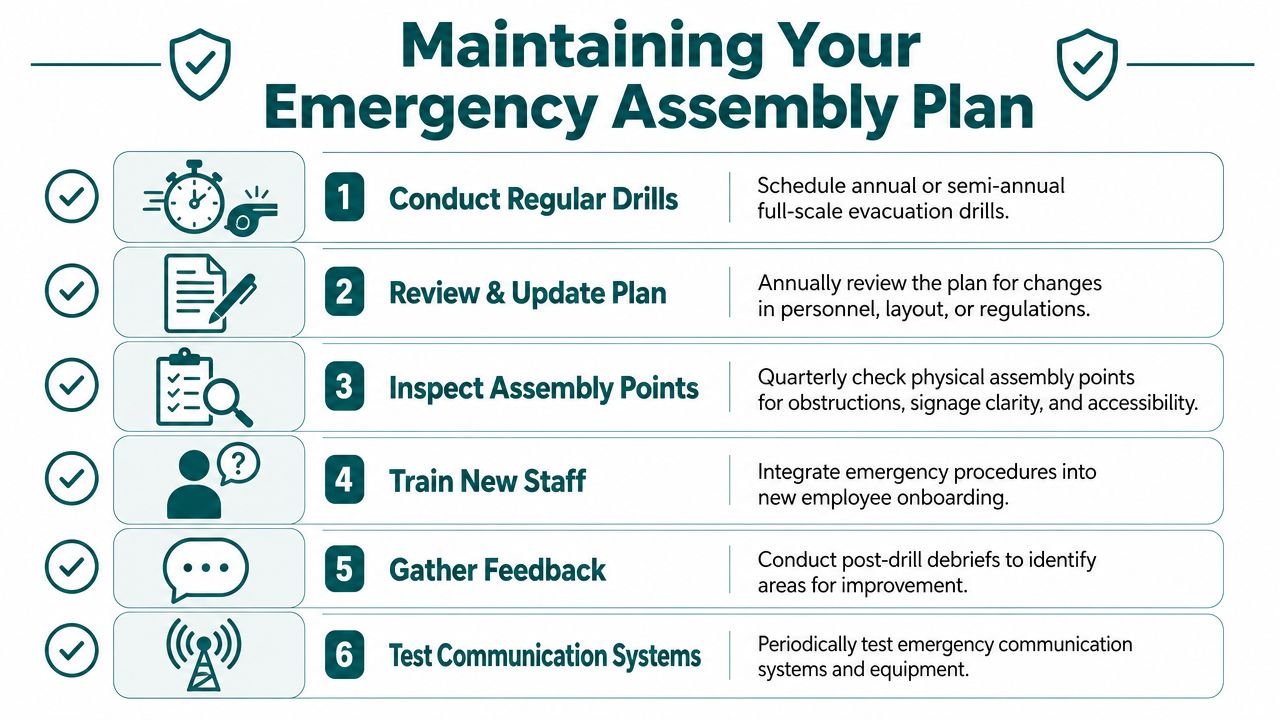 A structured checklist illustration for maintaining an emergency assembly plan with six key safety steps.