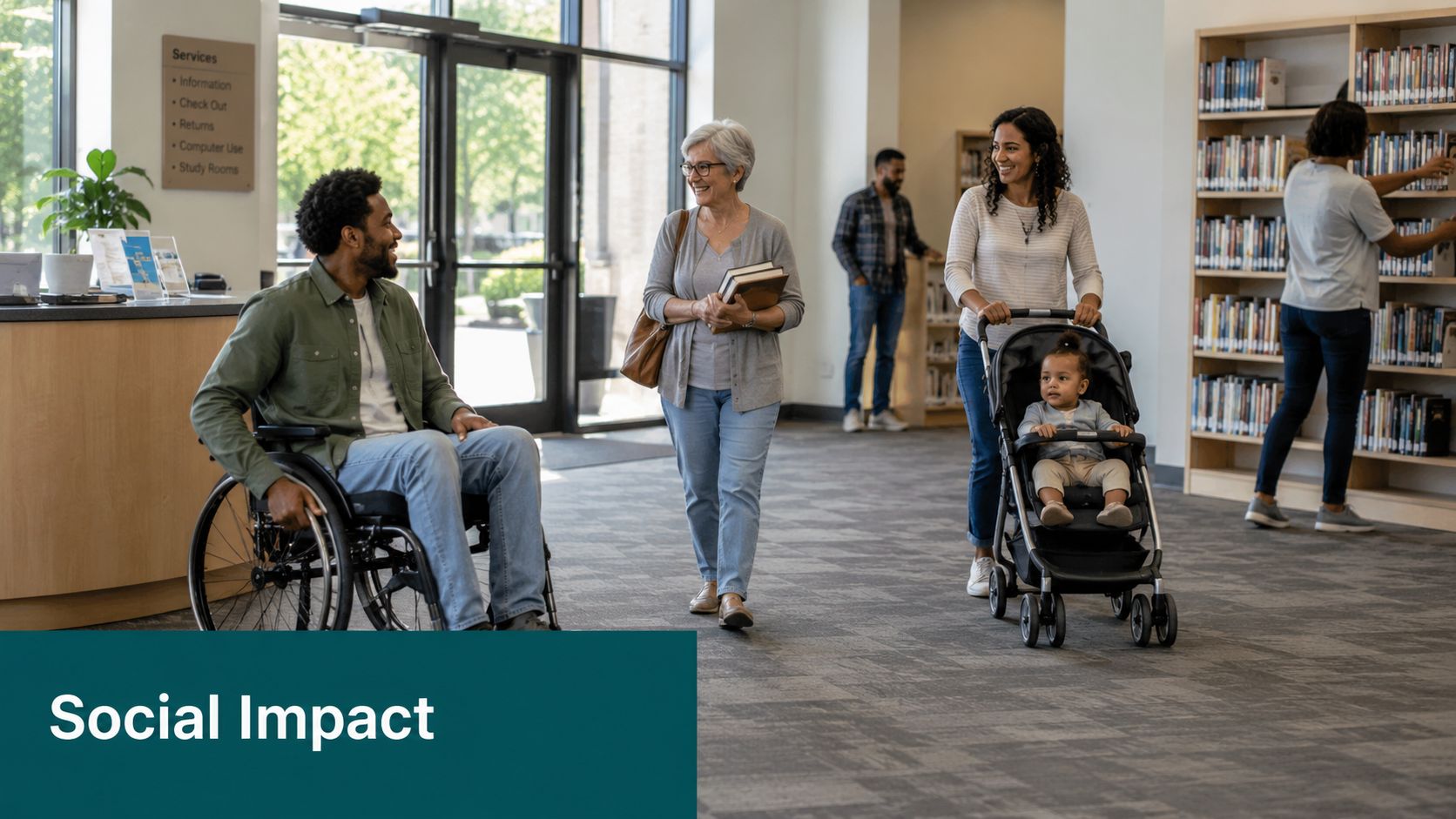 A diverse group of people interacting in a modern, accessible public library space with books and resources.
