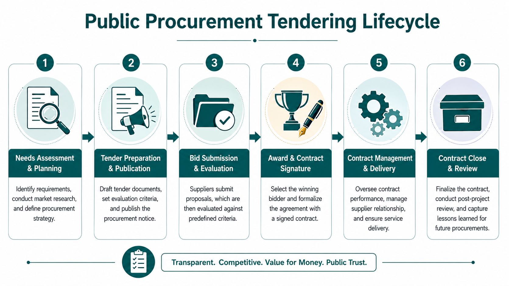 A diagram illustrating the six steps of the public procurement tendering lifecycle, from planning to contract closure.