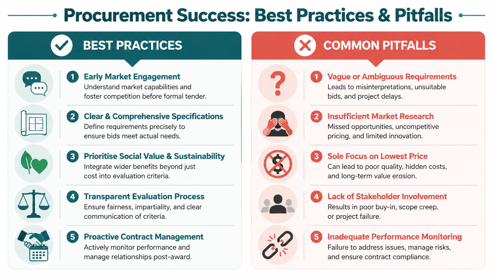 A comparison infographic showing best practices versus common pitfalls in public sector procurement processes.