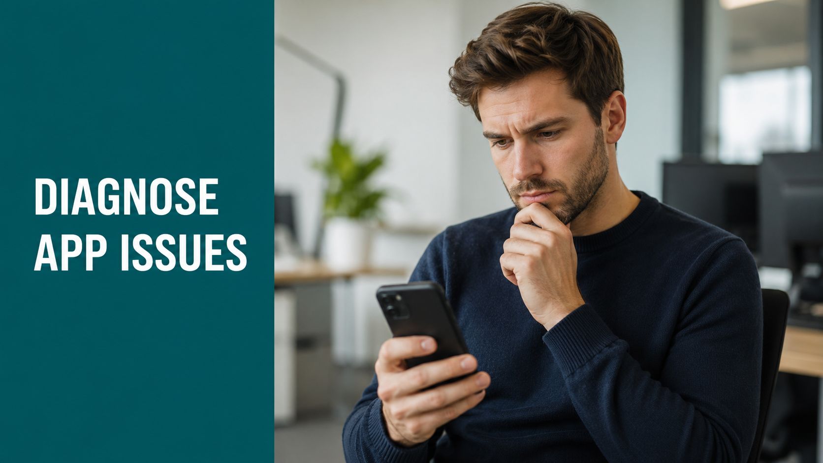 A man in a blue sweater looking concerned while troubleshooting an app issue on his smartphone.