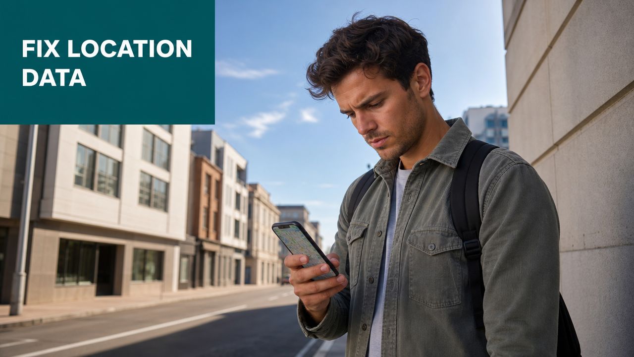 A man looks concerned while checking a map on his smartphone while standing on a city street.