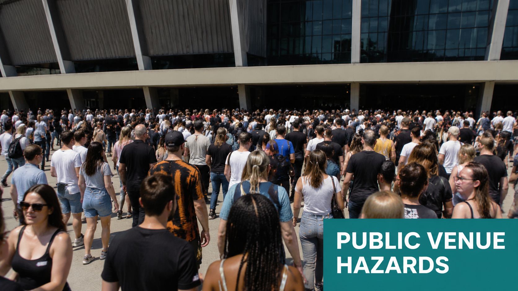 A large crowd of people walking towards the entrance of a modern architectural building at a venue.