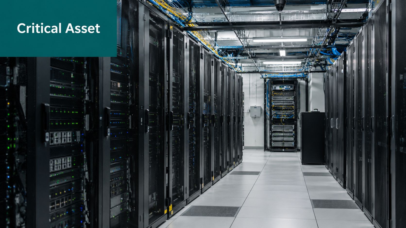 A modern data center aisle featuring rows of black server racks with blinking status indicator lights.