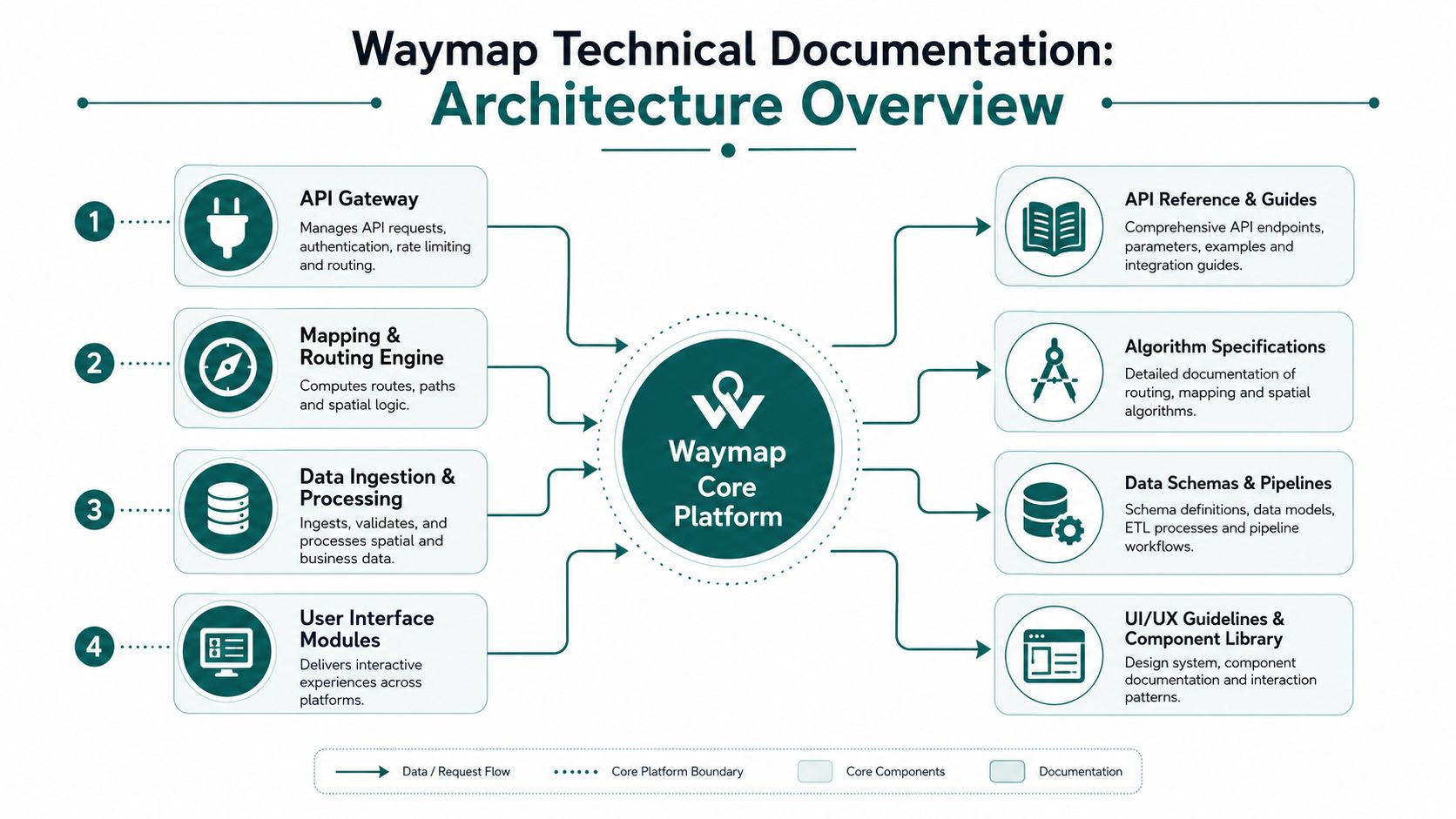 A diagram illustrating the technical documentation architecture for the Waymap platform, highlighting core components and documentation modules.