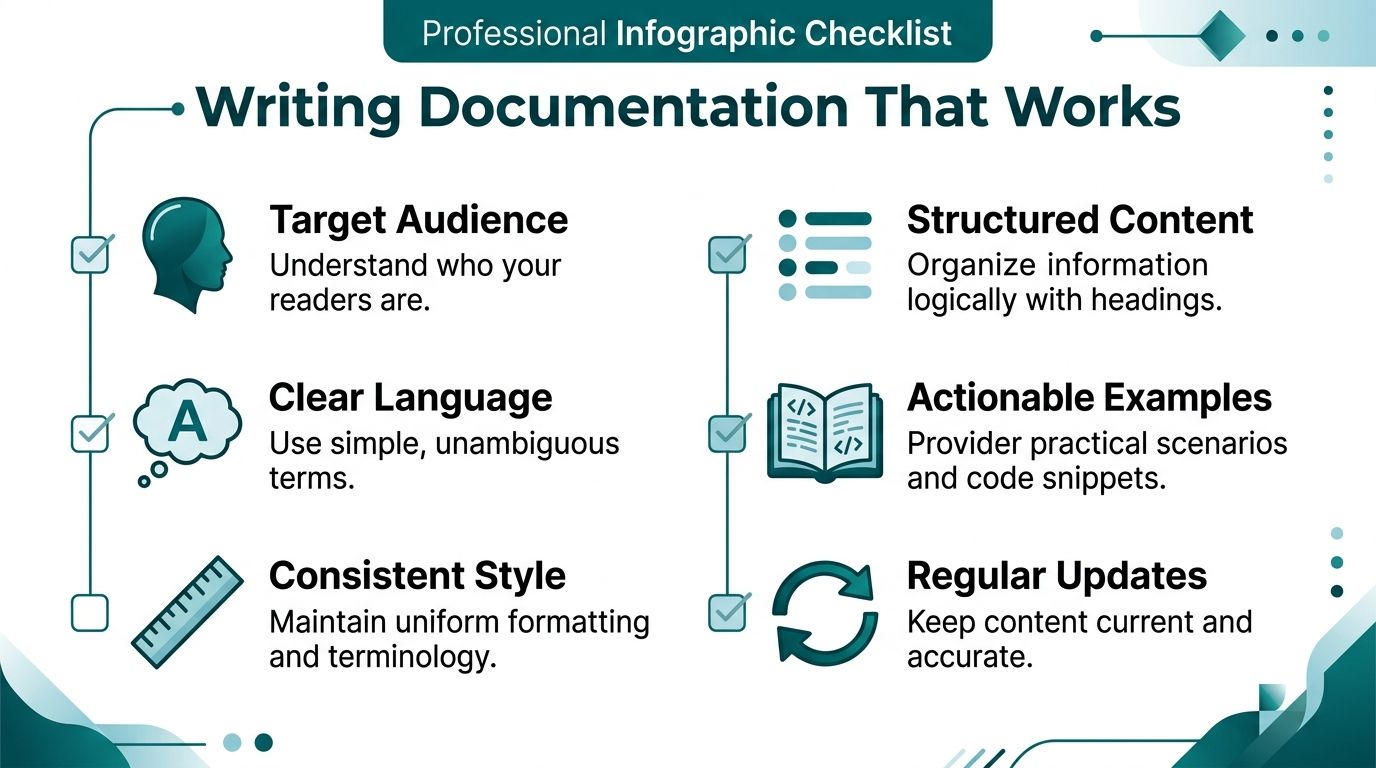 A professional infographic checklist titled Writing Documentation That Works, detailing key best practices for effective technical writing.