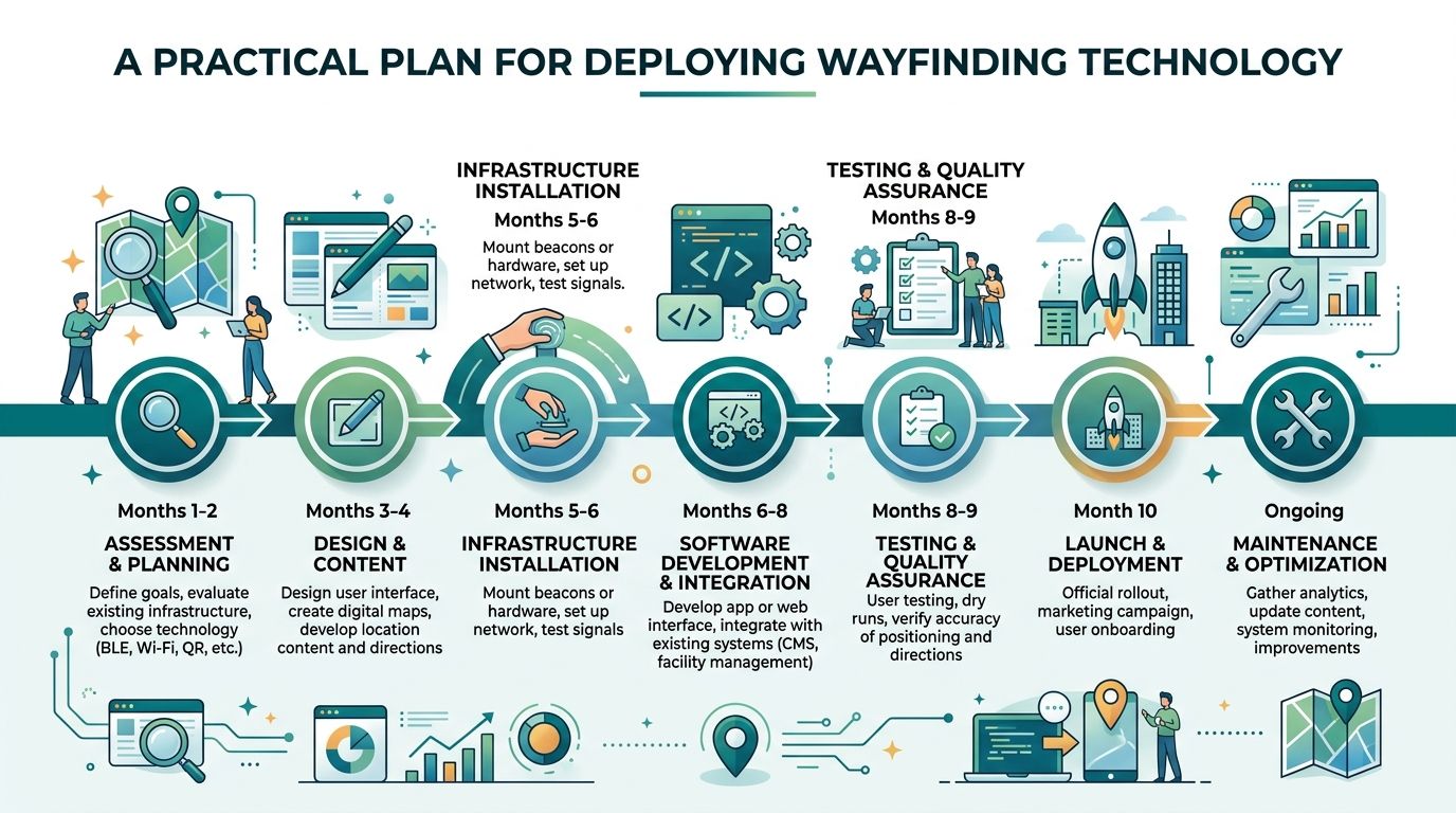 A step-by-step infographic illustrating the professional deployment process for digital wayfinding technology solutions.