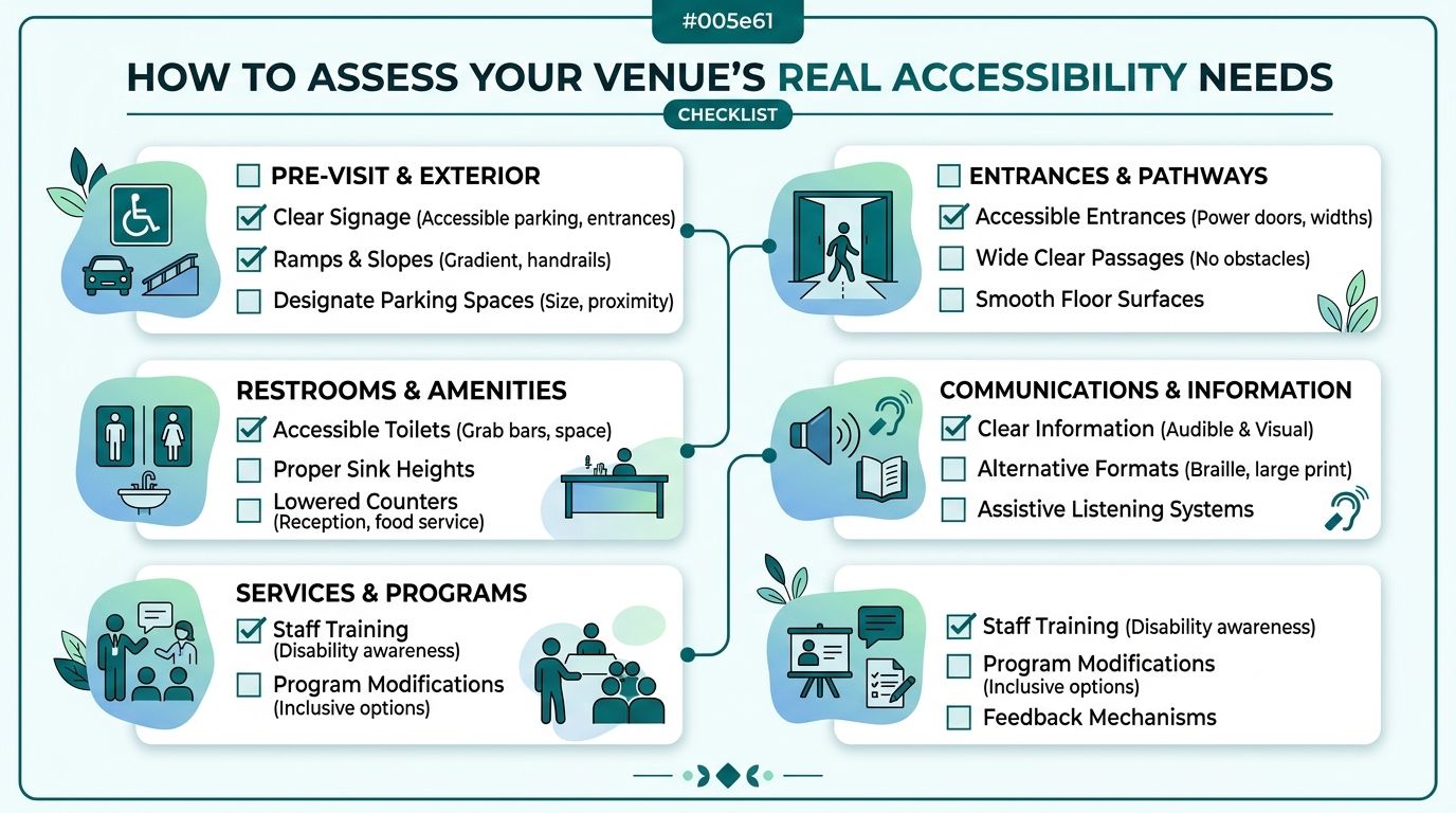 A checklist infographic titled How To Assess Your Venue's Real Accessibility Needs with six key categories.