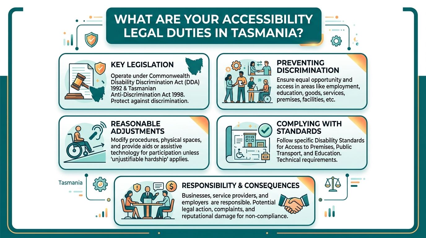 An infographic detailing accessibility legal duties, legislation, and compliance requirements for businesses operating within Tasmania, Australia.