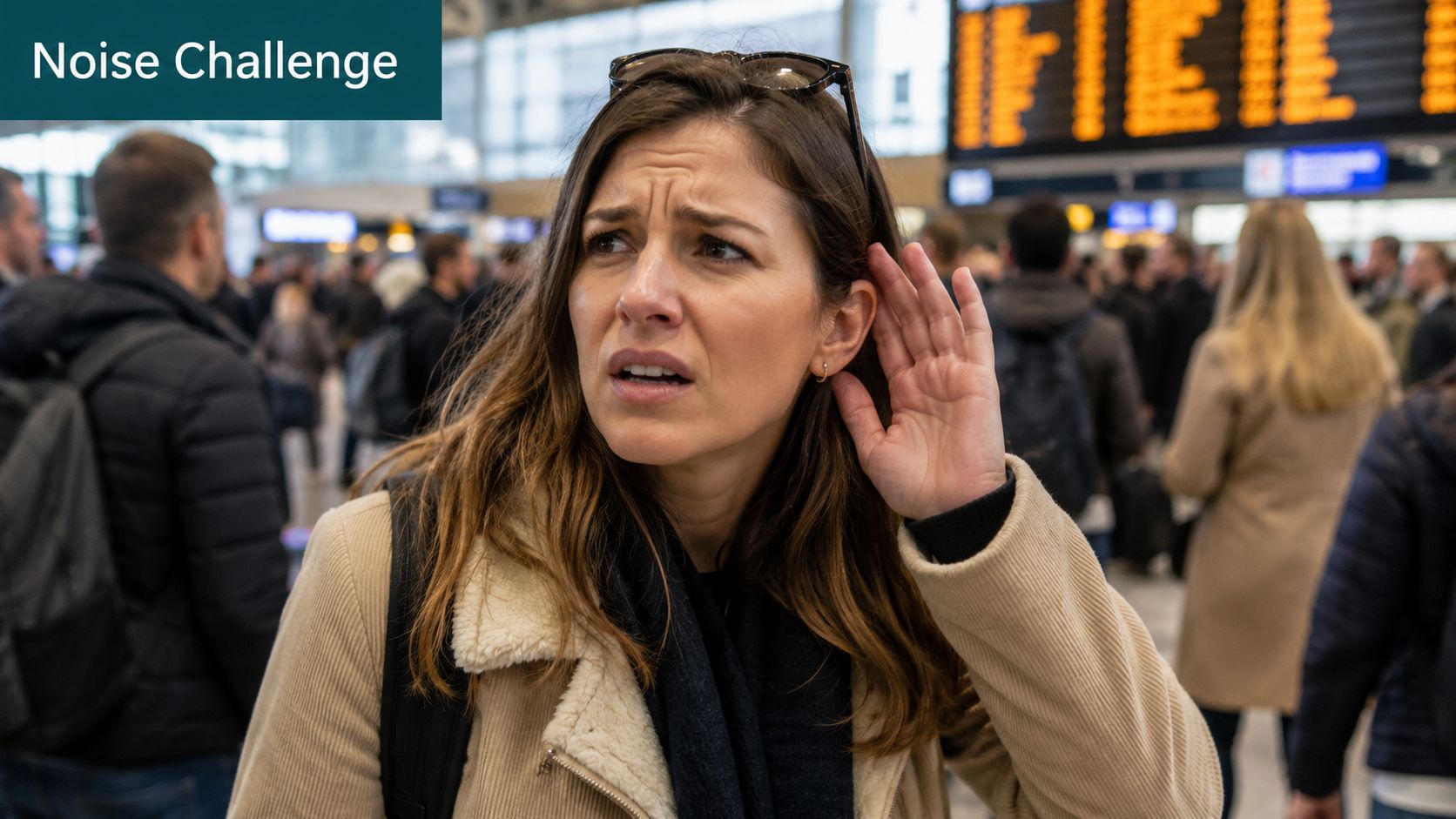 A woman at a busy train station looking confused and struggling to hear amidst ambient noise.