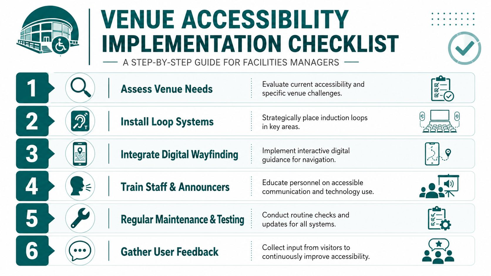 A six-step venue accessibility implementation checklist for facilities managers to improve inclusive building design and services.
