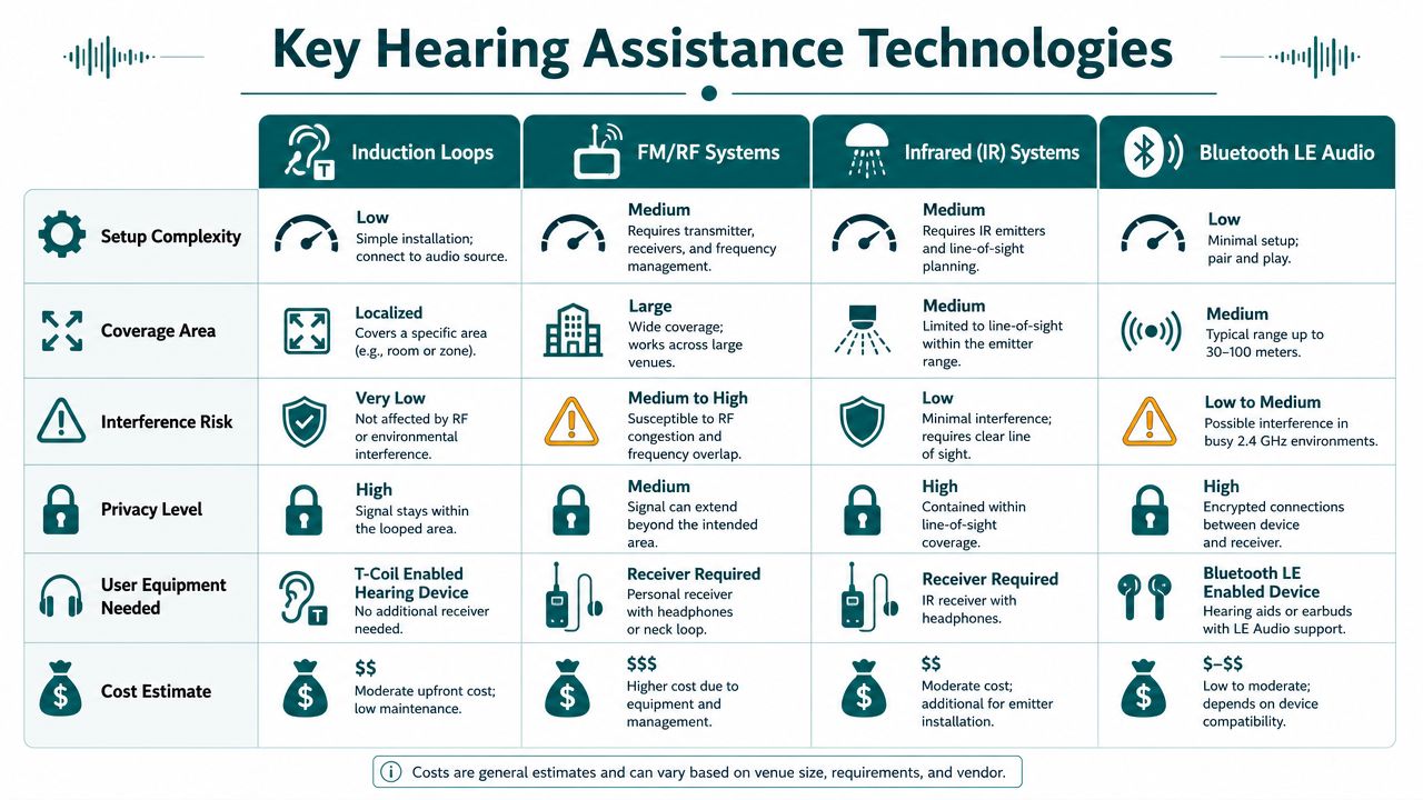 A comparison chart outlining key hearing assistance technologies including Induction Loops, FM/RF, Infrared, and Bluetooth LE Audio.