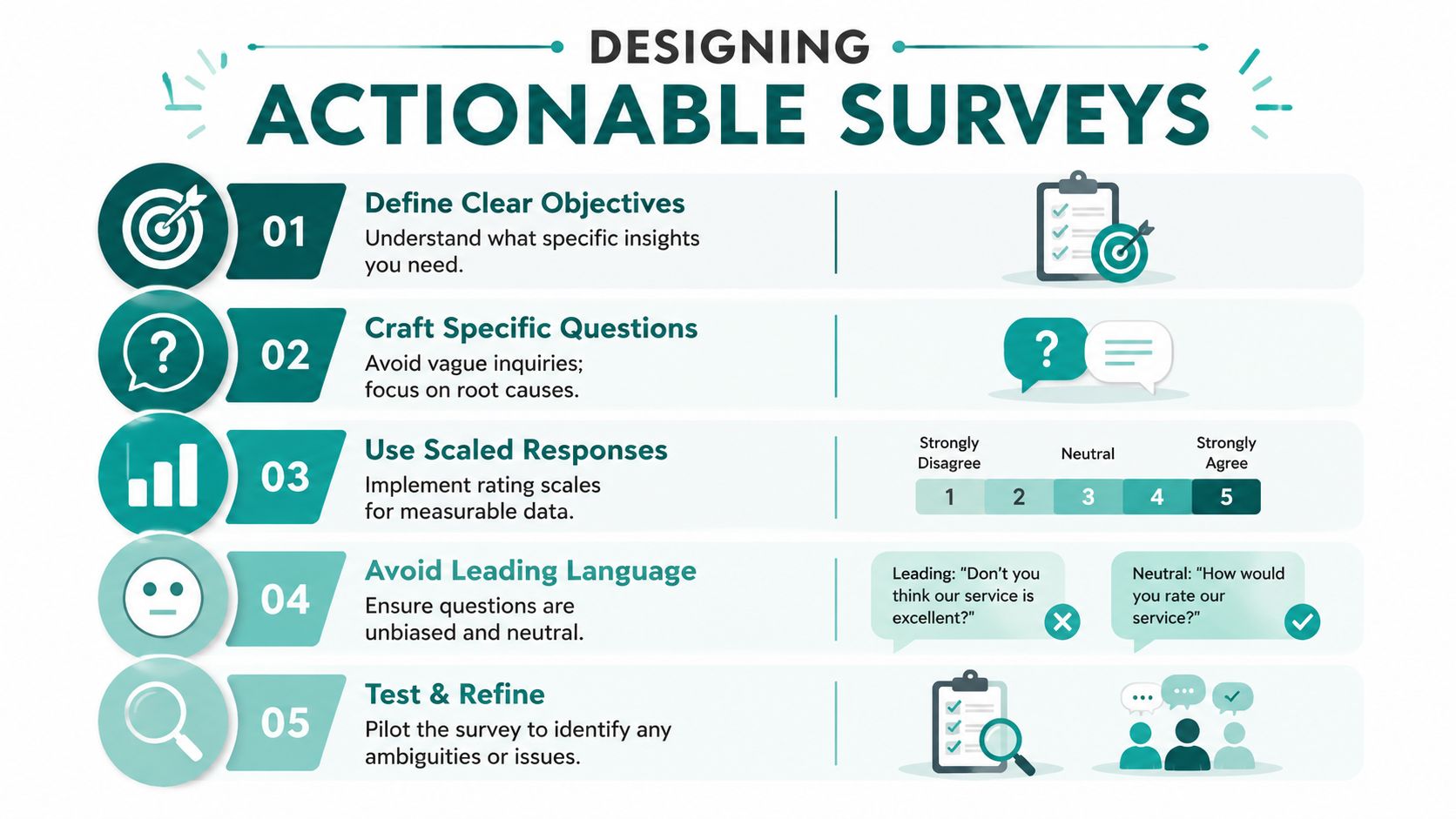 An infographic titled Designing Actionable Surveys, illustrating five essential steps for creating effective and professional customer feedback forms.