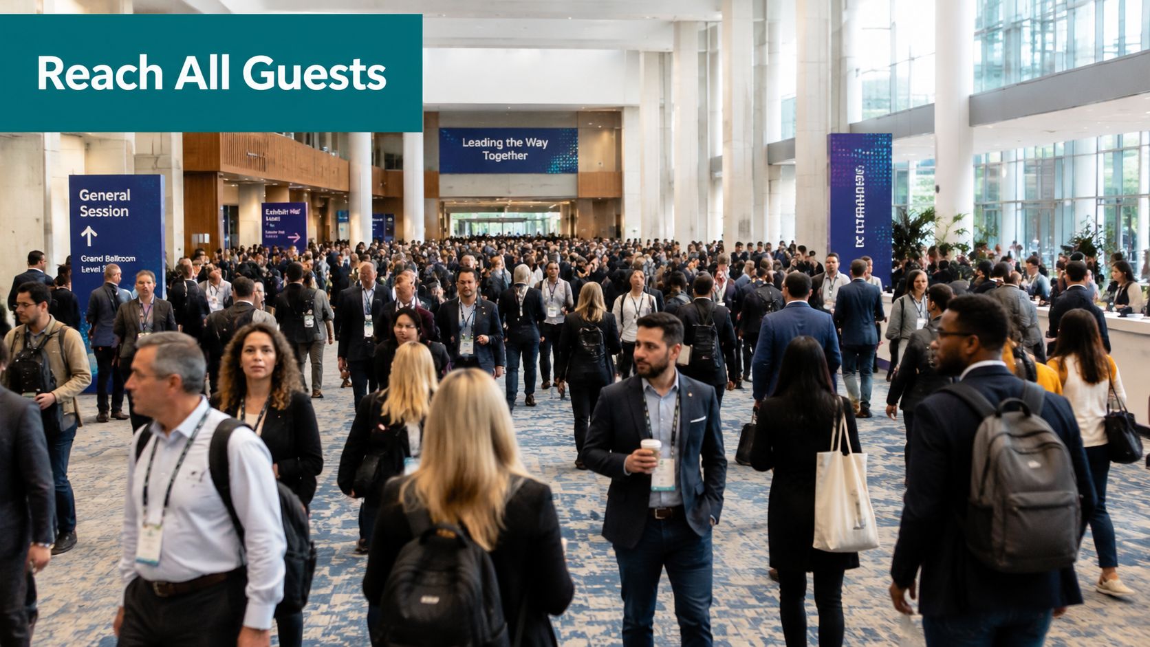 A diverse group of professionals walking through a large, busy convention center hall during an event.