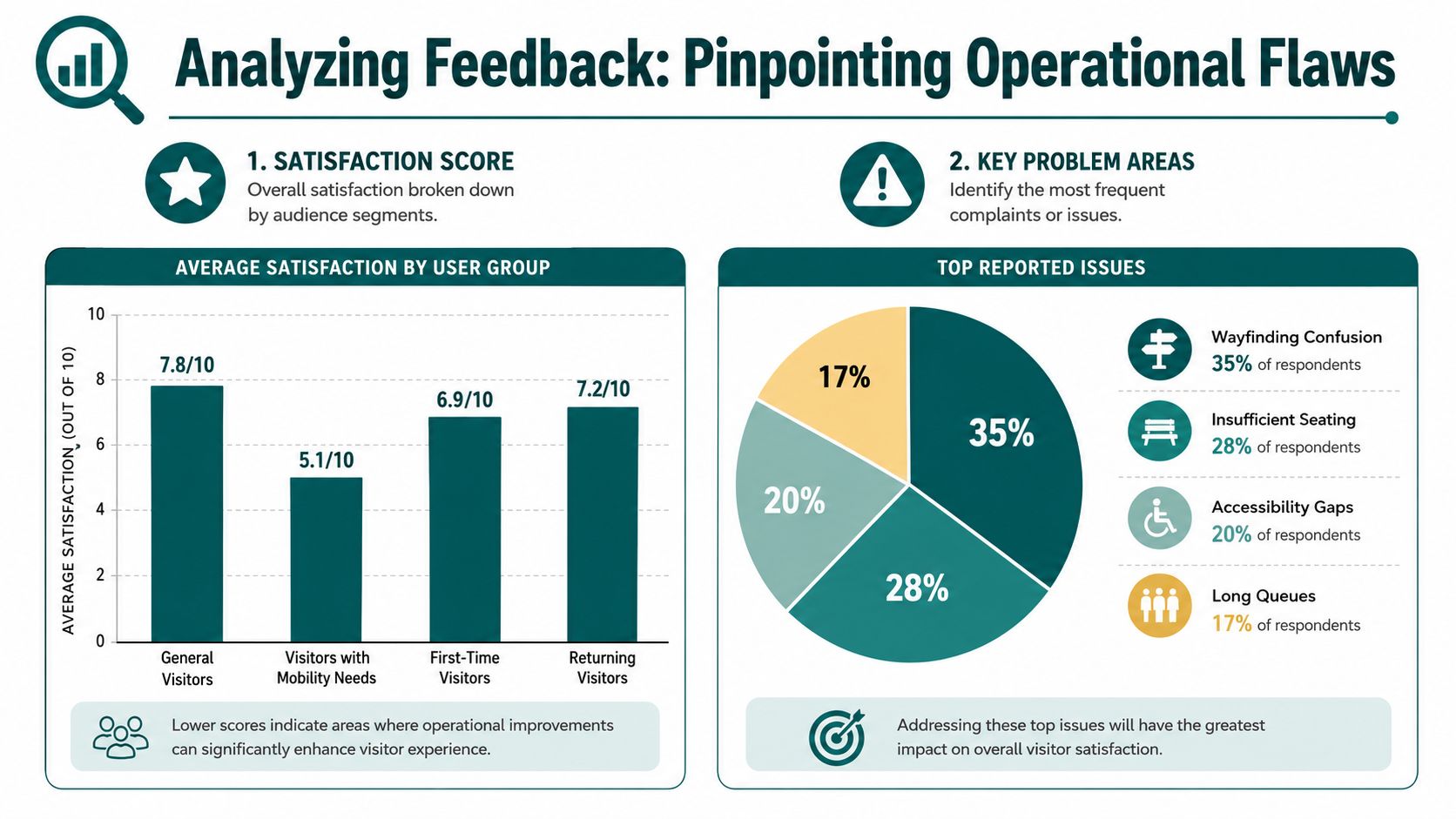 An infographic showing visitor satisfaction survey results and identified top operational problem areas for improvements.