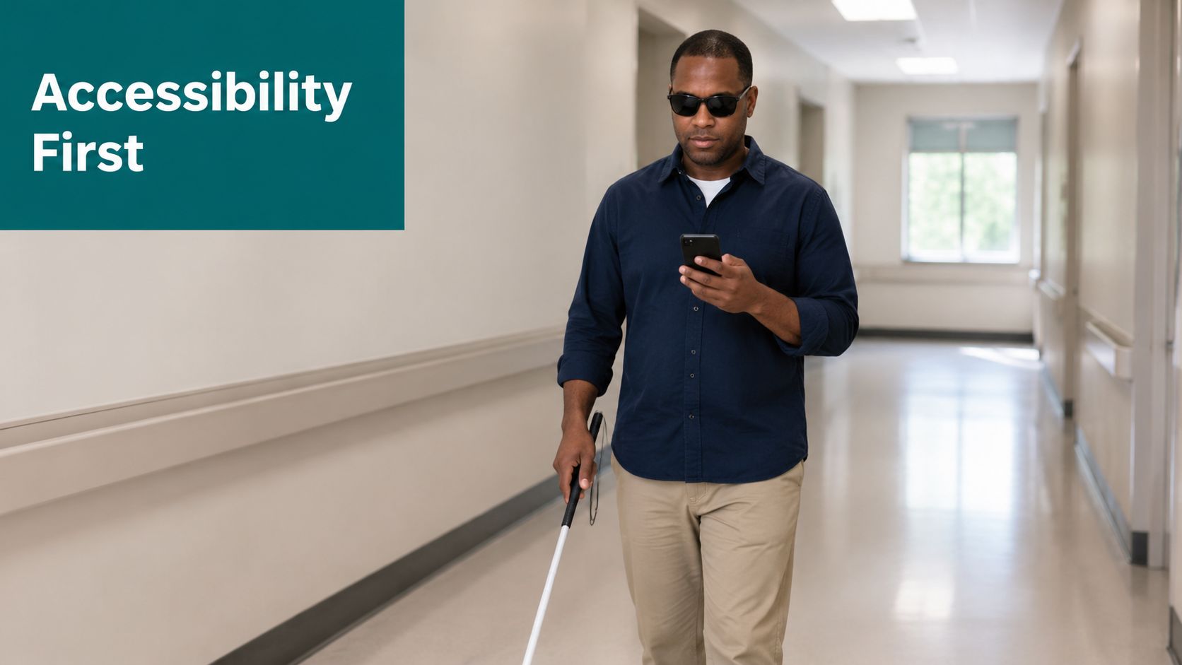 A visually impaired man using a white cane and his smartphone while walking through a hospital corridor.
