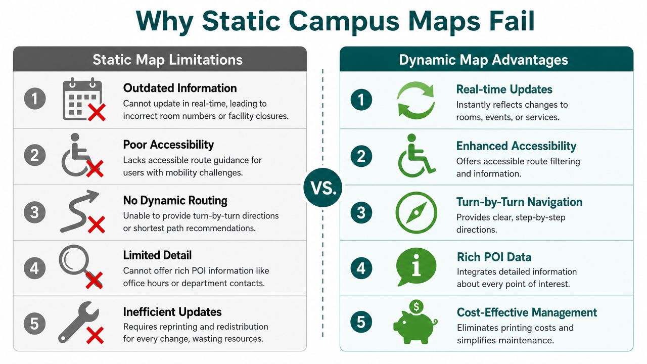 A comparison chart showing why static campus maps fail versus the advantages of dynamic map systems.