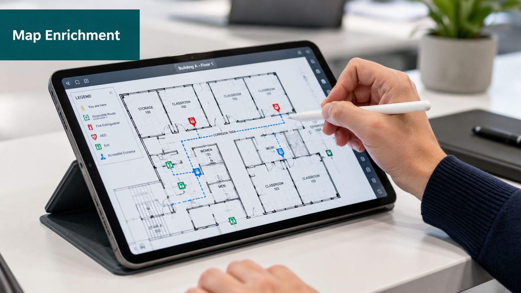 A person using a stylus on a tablet displaying a digital classroom floor plan map for navigation.