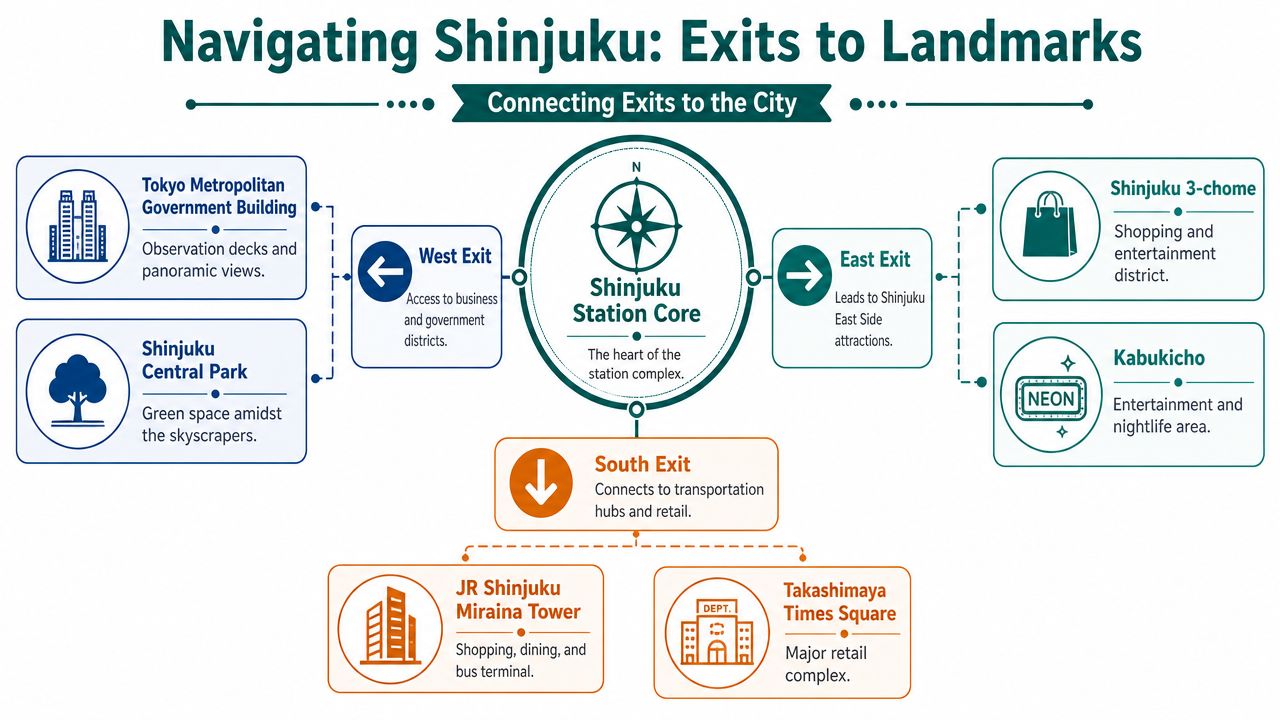 A diagram illustrating Shinjuku Station exits and their connecting landmarks like government buildings, parks, and shopping districts.