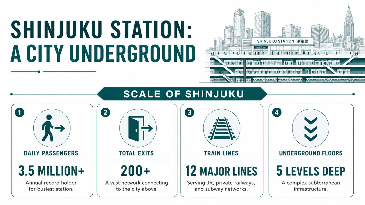 An infographic detailing the vast scale of Tokyo's Shinjuku station, highlighting daily passengers, exits, lines, and underground levels.
