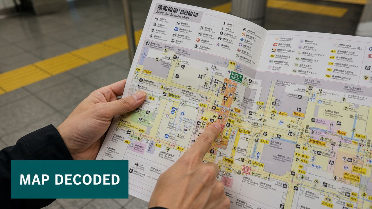 A person pointing with their finger at a Shinjuku Station map while navigating through the station.