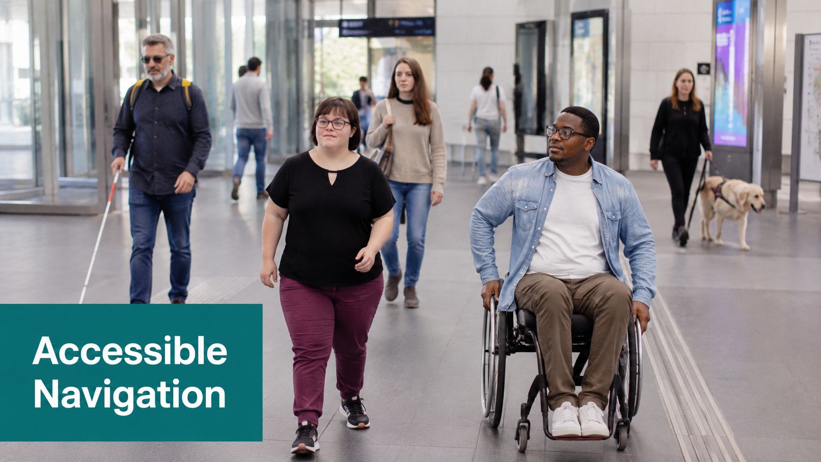 A diverse group of people navigating a modern indoor terminal with accessibility aids and assistance.