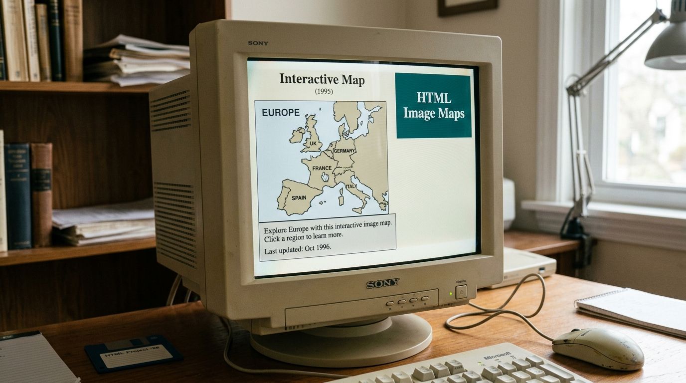 A vintage desktop computer monitor displaying an interactive HTML image map of Europe from the year 1996.