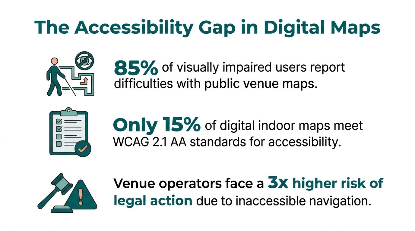 An infographic highlighting the accessibility gap in digital maps for visually impaired users and venue operators.