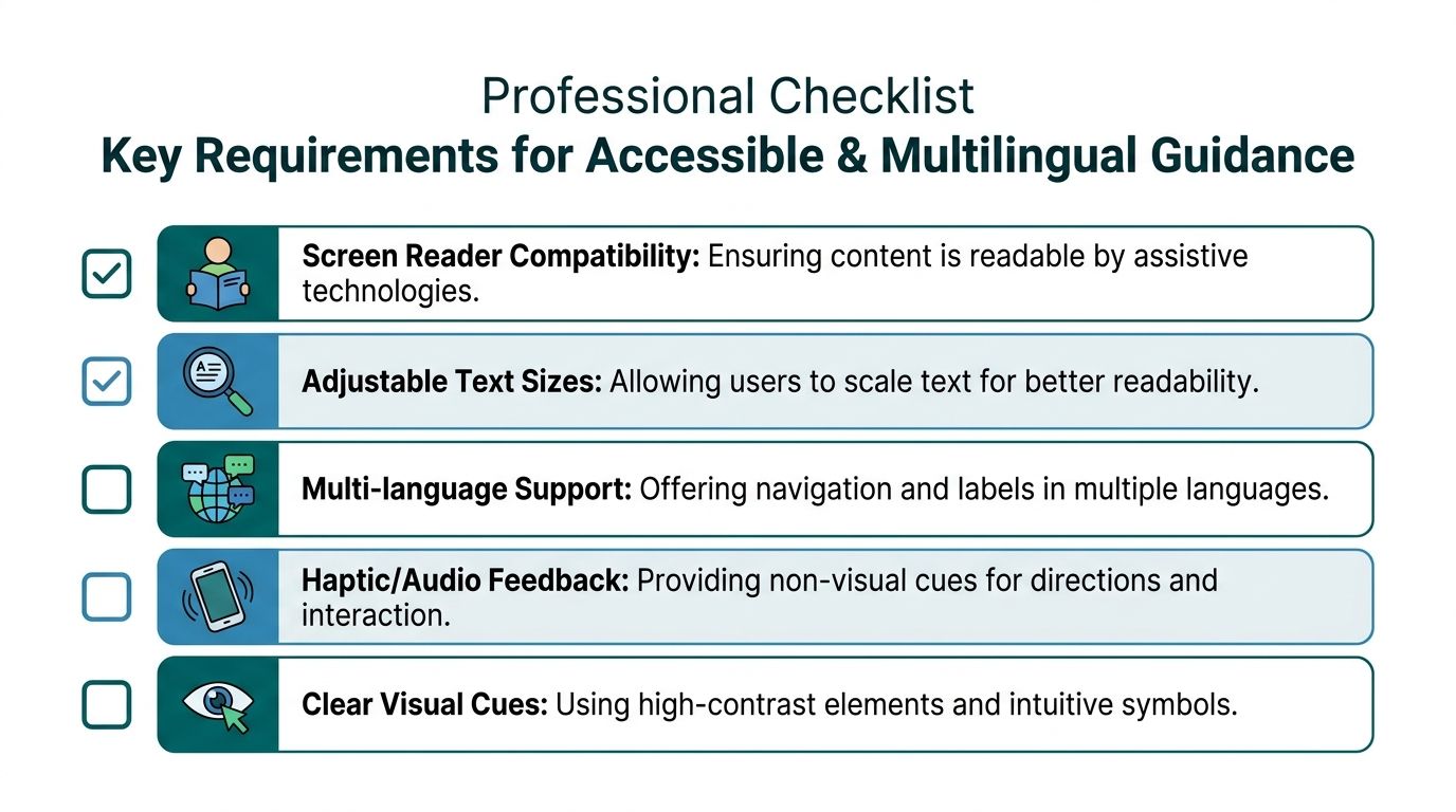 A professional checklist detailing five key requirements for creating accessible and multilingual digital guidance experiences.