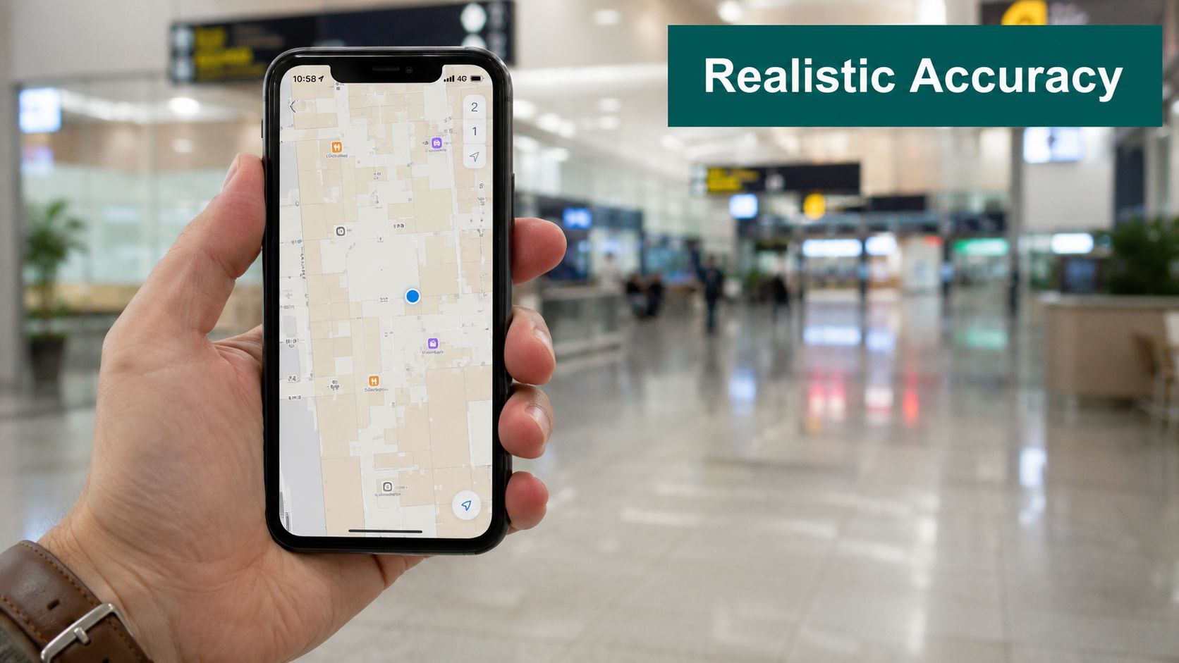 A hand holding a smartphone displaying an indoor map application inside a spacious, modern airport terminal building.