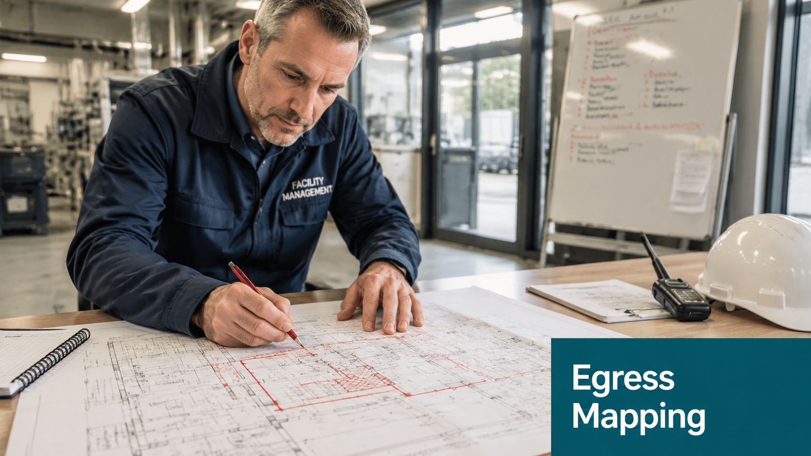 A facility manager reviewing detailed building blueprints and emergency evacuation mapping on a large wooden table.