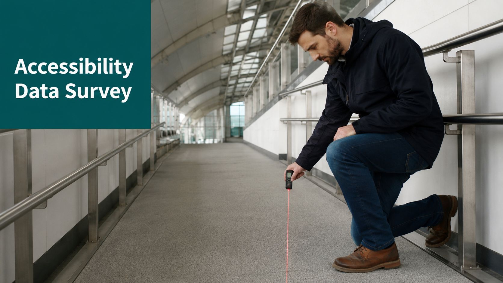 A professional man uses a laser measurement tool to survey flooring in a modern train station.