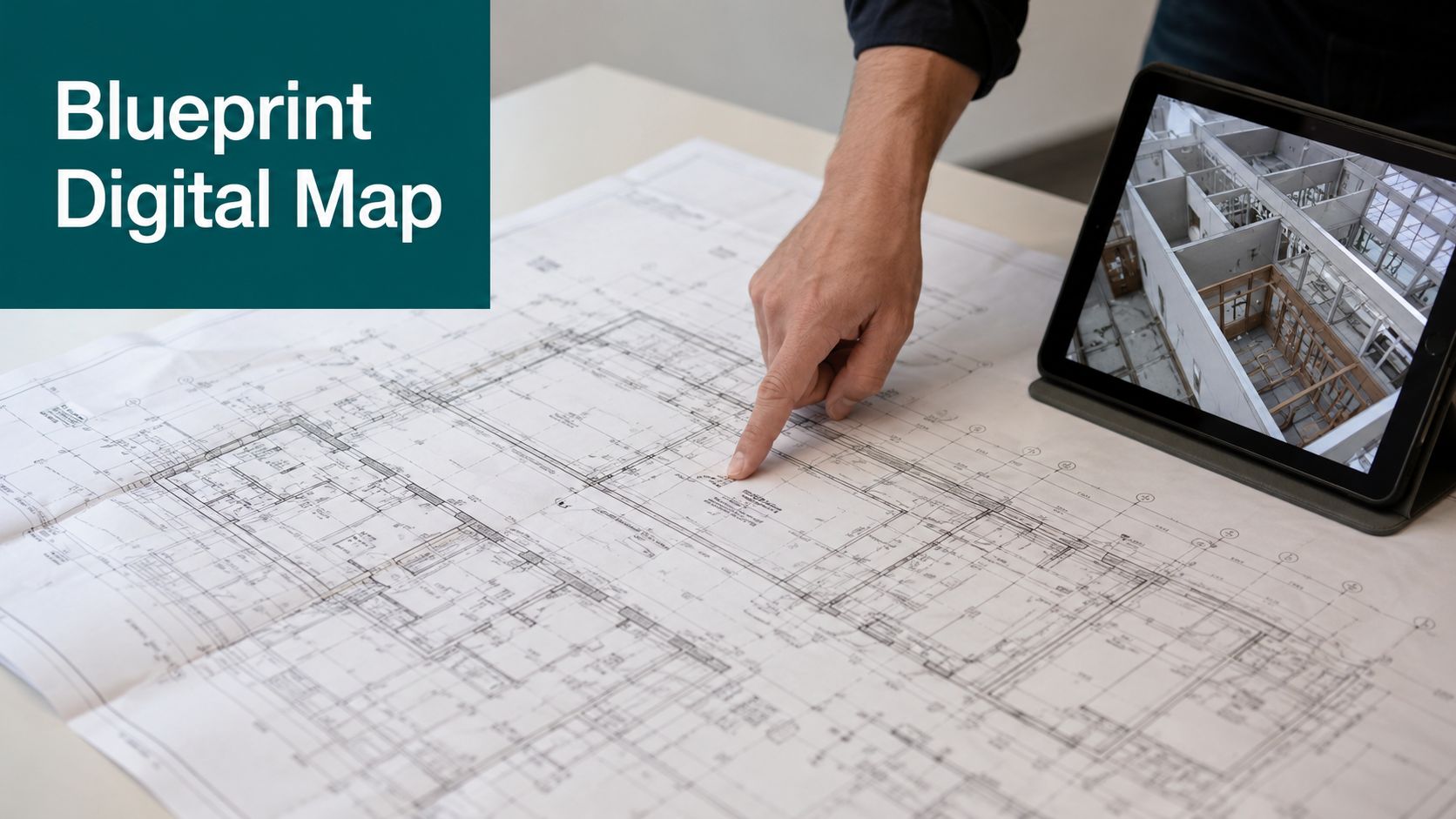 A person pointing at a paper architectural blueprint with a digital tablet showing building construction nearby.