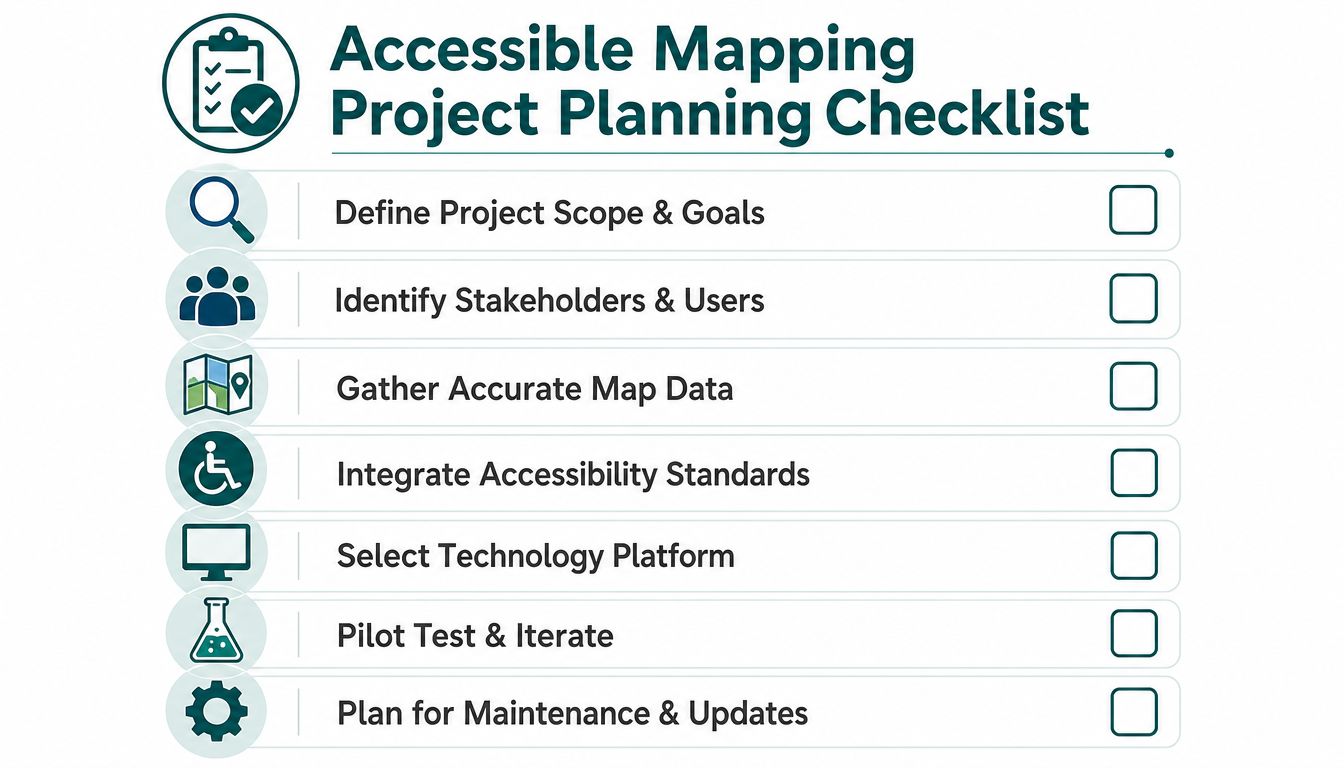 A checklist graphic titled Accessible Mapping Project Planning Checklist with seven steps for creating accessible maps.