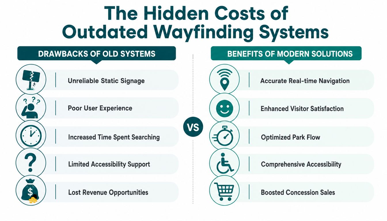 A comparison infographic showing drawbacks of old wayfinding systems versus benefits of modern digital solutions.