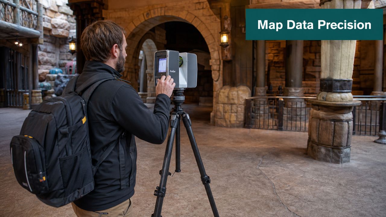 A surveyor using a 3D laser scanner on a tripod to map a theme park building interior.