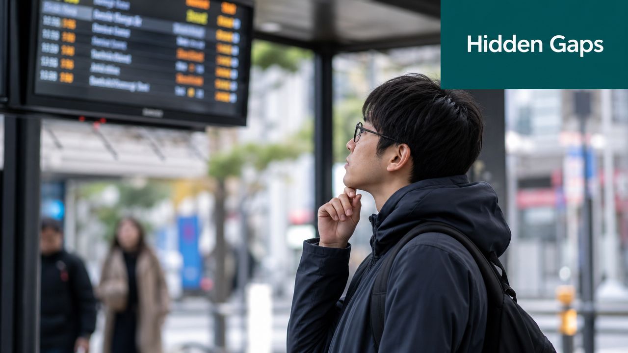 A young man with glasses looks thoughtfully at a bus stop digital arrival time display screen.