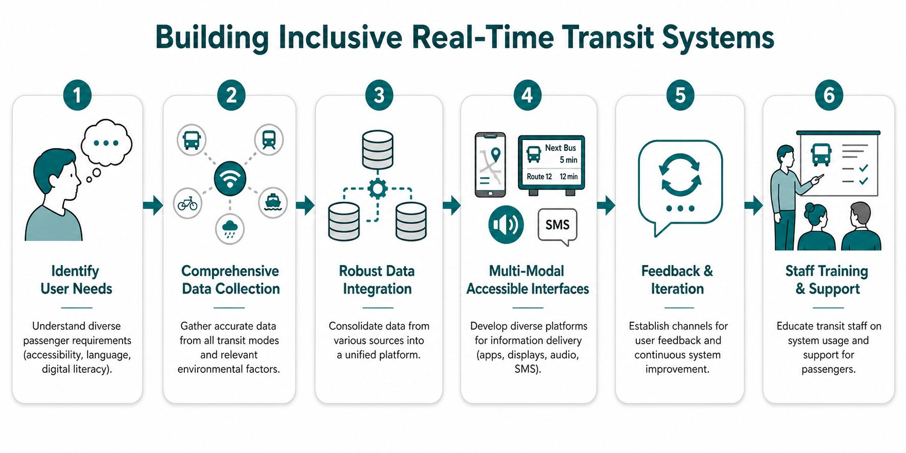 A six-step infographic illustrating the process of building inclusive, accessible real-time public transit information systems.
