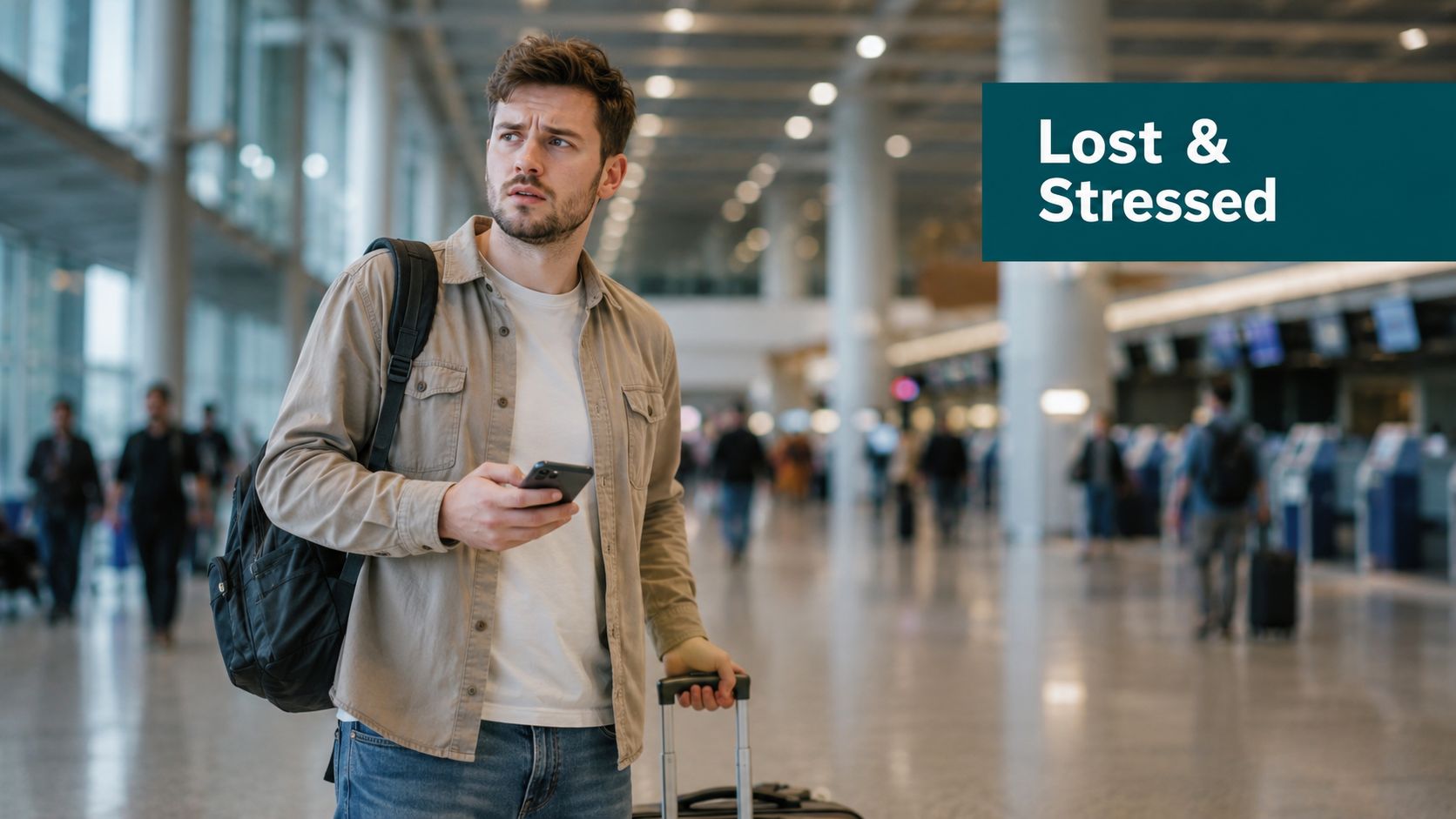 A young man looking stressed and lost while standing in a busy, modern airport terminal with luggage.