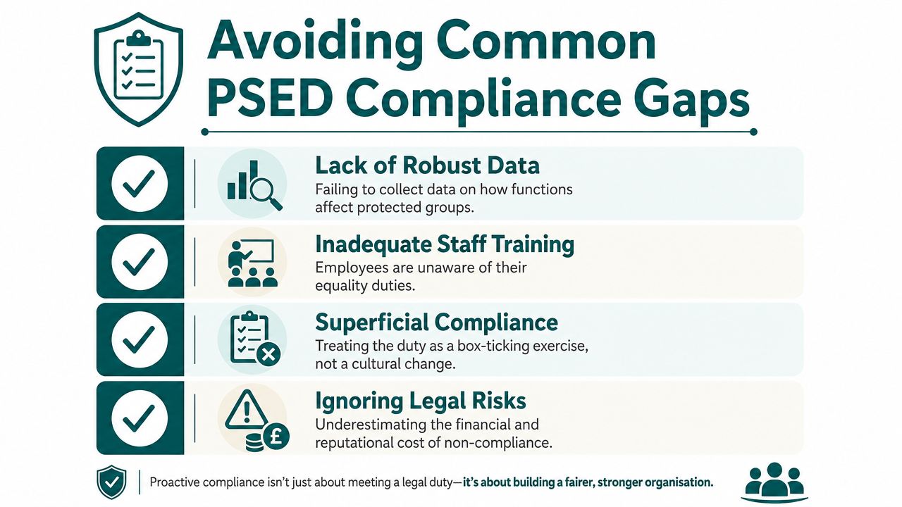 An infographic titled Avoiding Common PSED Compliance Gaps, listing four key challenges for organizations regarding equality duties.