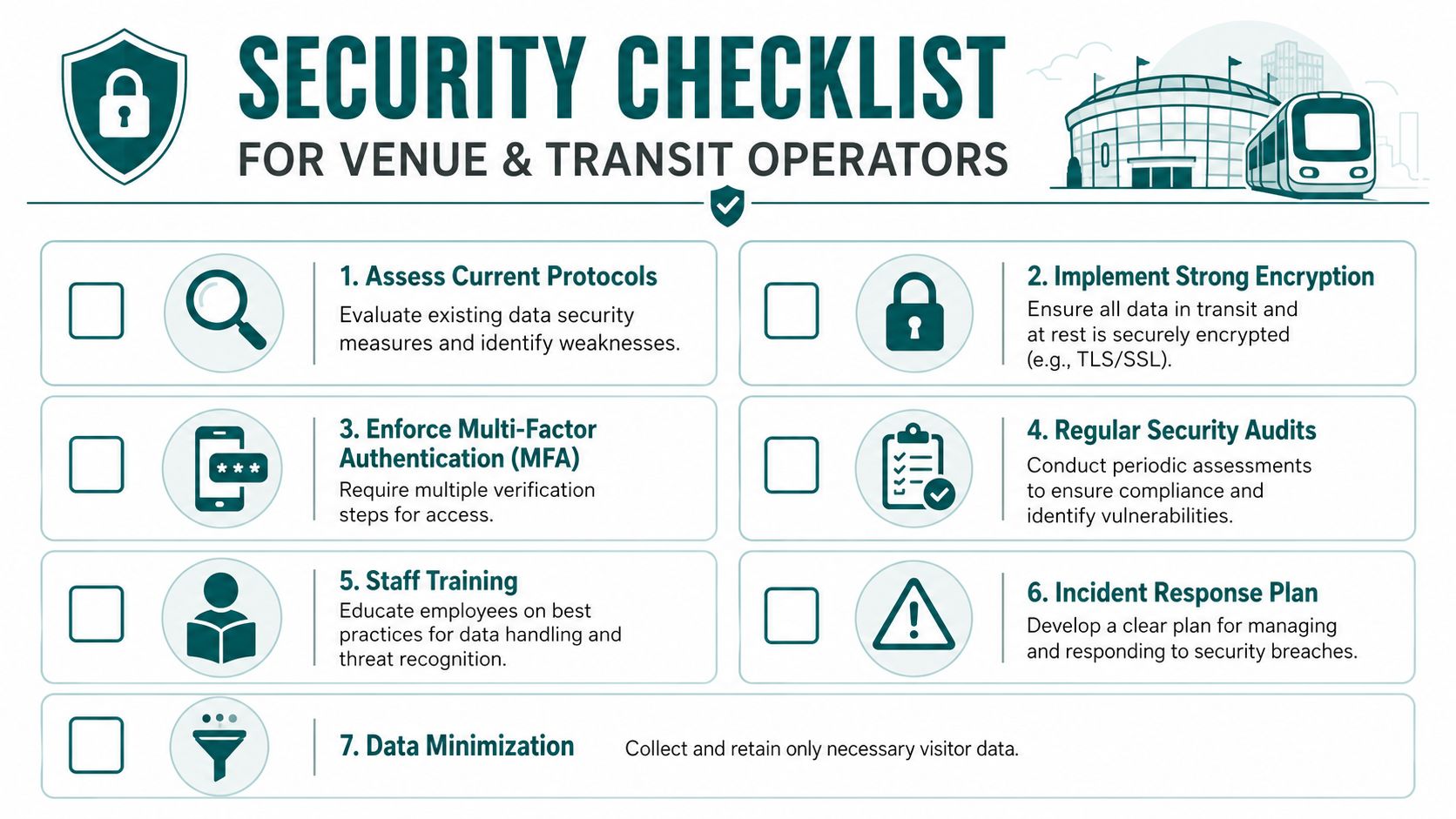 An infographic titled Security Checklist for Venue and Transit Operators featuring seven essential data protection steps.