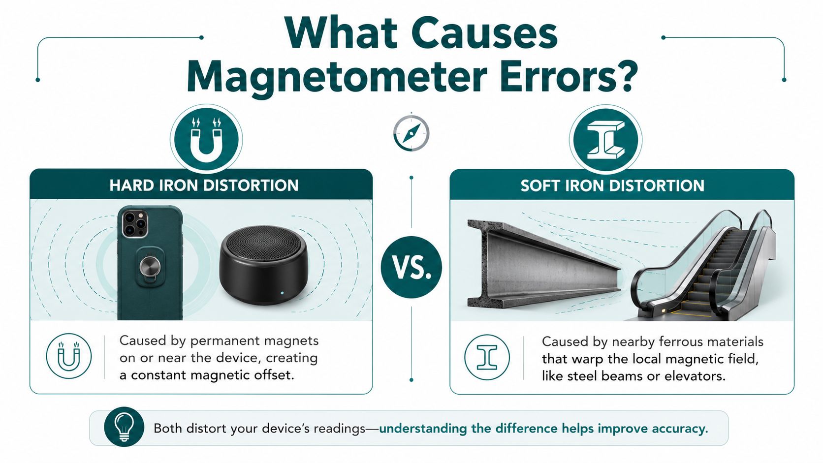 An educational graphic explaining hard iron and soft iron distortion causes for magnetometer sensor errors.
